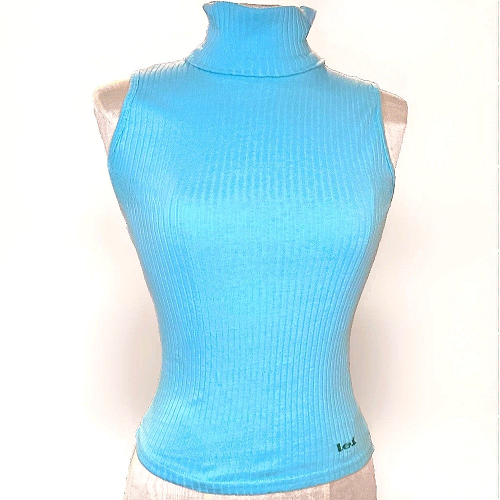1997 LEI Turquoise Ribbed Turtleneck Sleeveless Top - XS